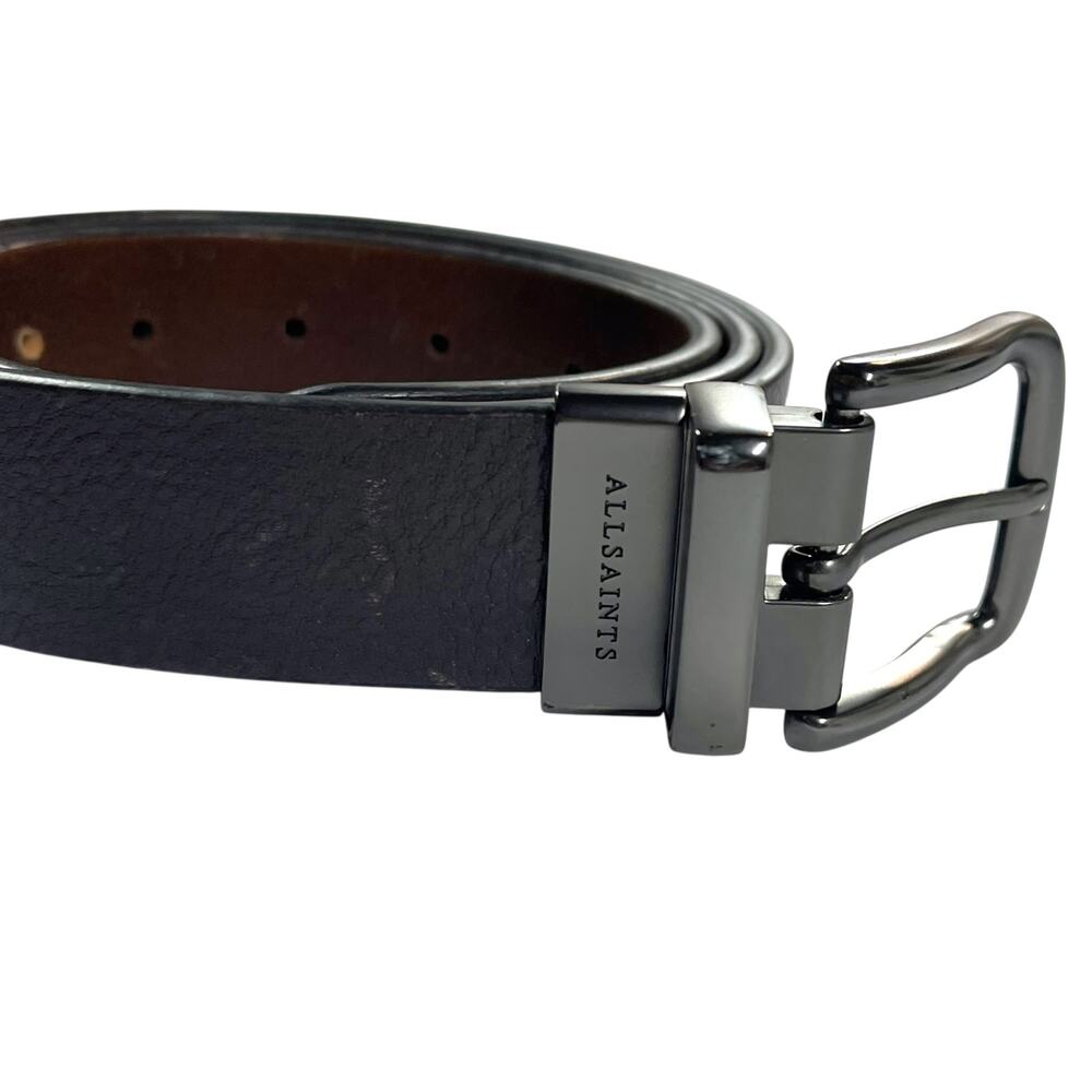 AllSaints Men’s Reversible Leather Belt Size 34 Brown Gunmetal Buckle 1.25”